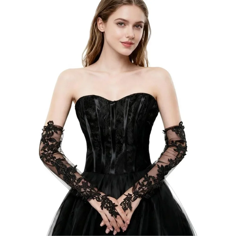 Women's Black Lace Fingerless Gloves Bridal Wedding Prom Costume Accessory